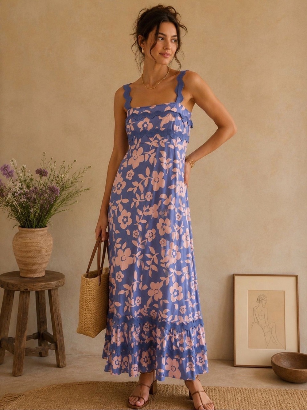 Sunday Up Anthropologie Scallop-Strap Blue Maxi Dress with Pink Floral Print